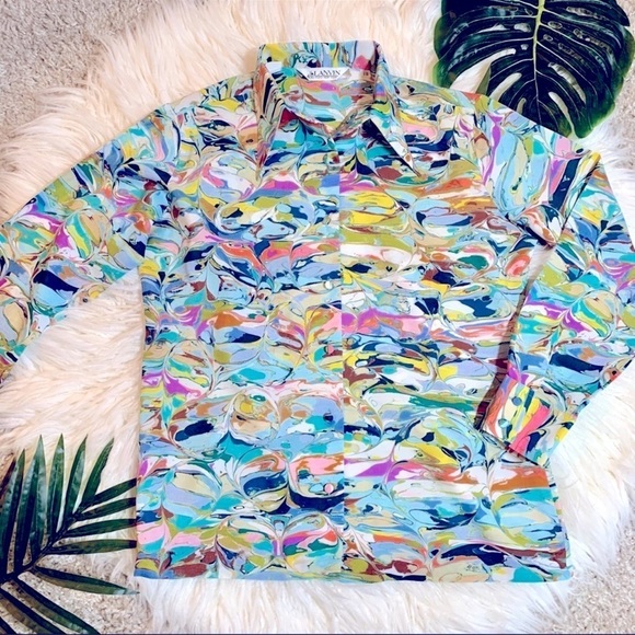 Lanvin Vintage ‘paint Swirl’ Print Button Up Top Blouse Shirt Longsleeves - Picture 3 of 8